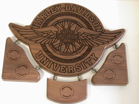 Harley University wood pin display